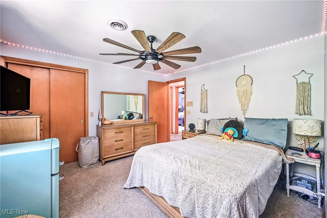 Carpeted bedroom with a closet, ceiling fan