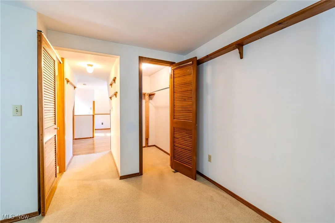 Unfurnished bedroom featuring light carpet and a spacious closet