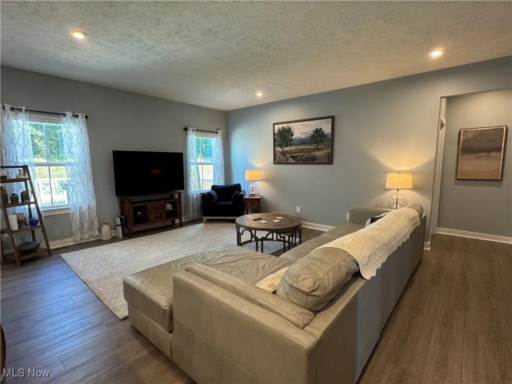 Living area featuring a textured ceiling, recessed lighting, and dark wood-style floors