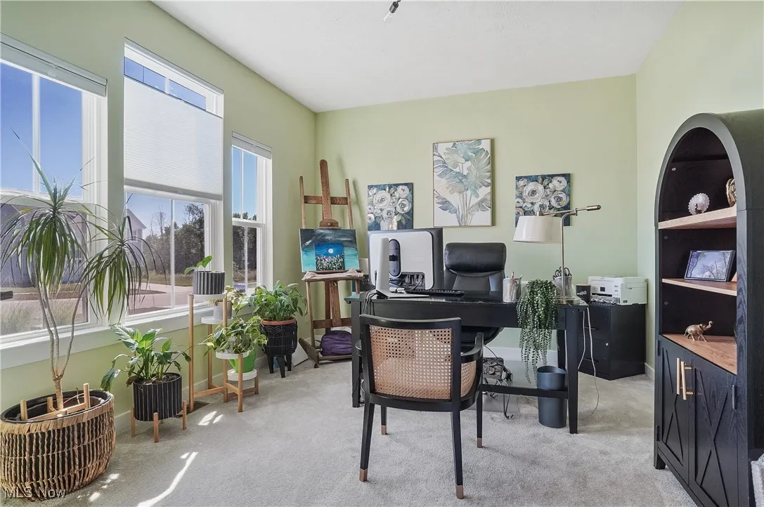Office area featuring light carpet and baseboards