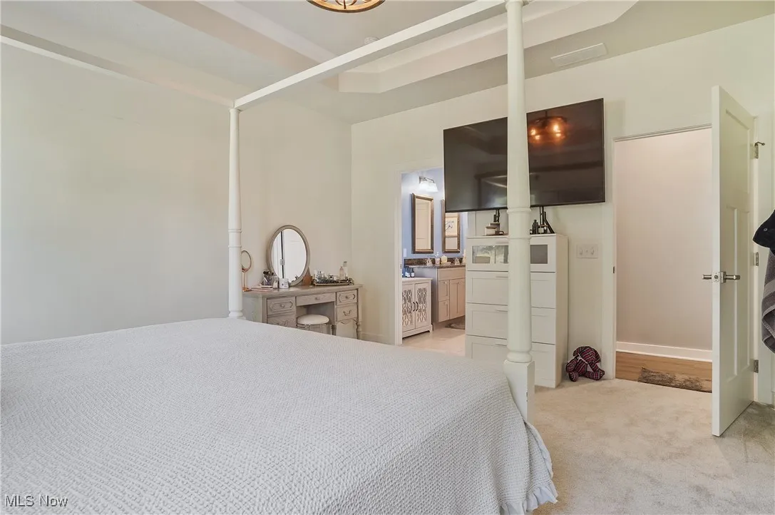 Bedroom with a tray ceiling and light carpet