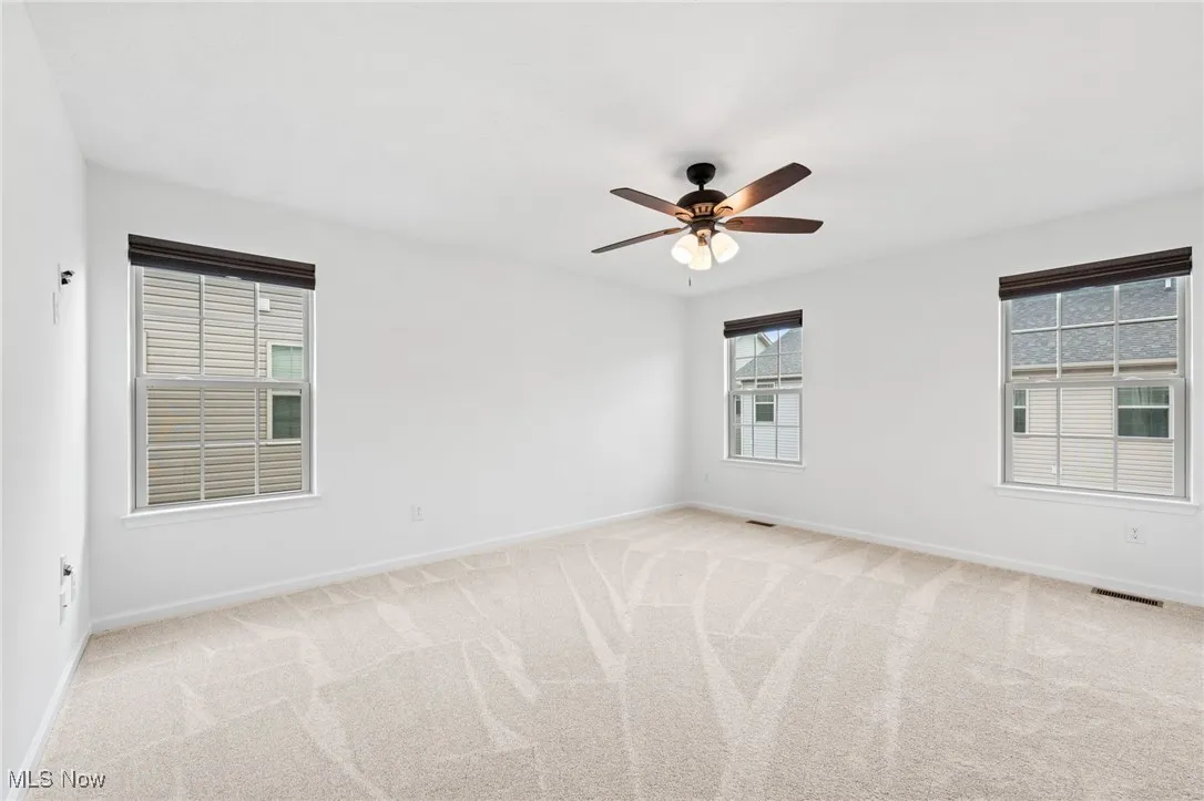 Owner's suite with light carpet, healthy amount of natural light, and a ceiling fan