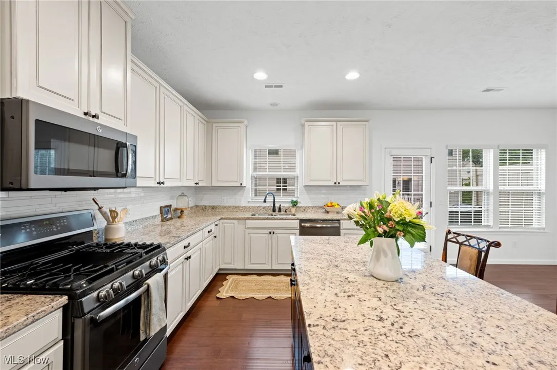 Kitchen with appliances with stainless steel finishes, dark wood-type flooring, decorative backsplash, light stone counters, and ample cabinets