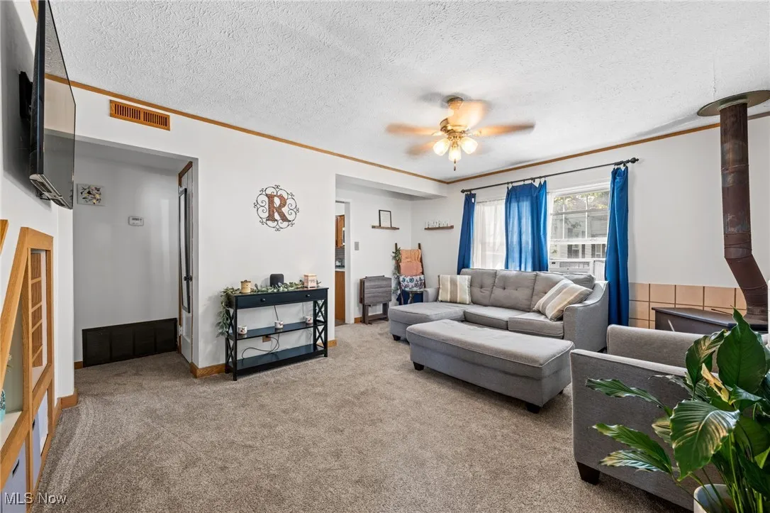 Carpeted living area with a textured ceiling, ornamental molding, and a ceiling fan