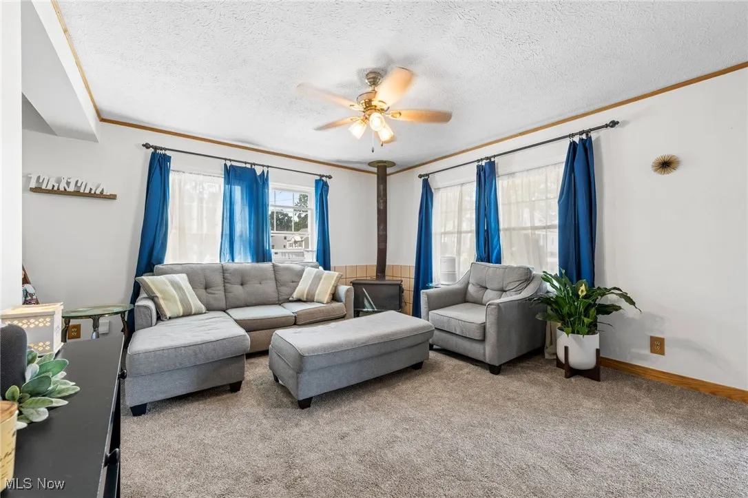 Living area with healthy amount of natural light, carpet, a textured ceiling, a ceiling fan, and crown molding