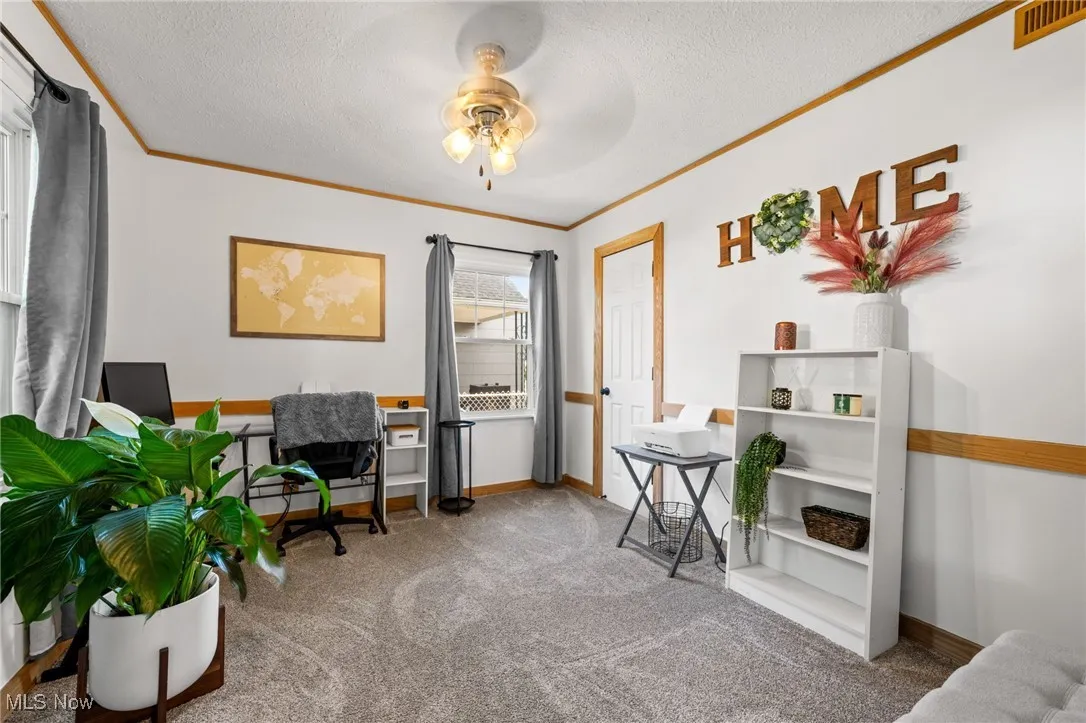 Carpeted office with ornamental molding, a textured ceiling, and ceiling fan
