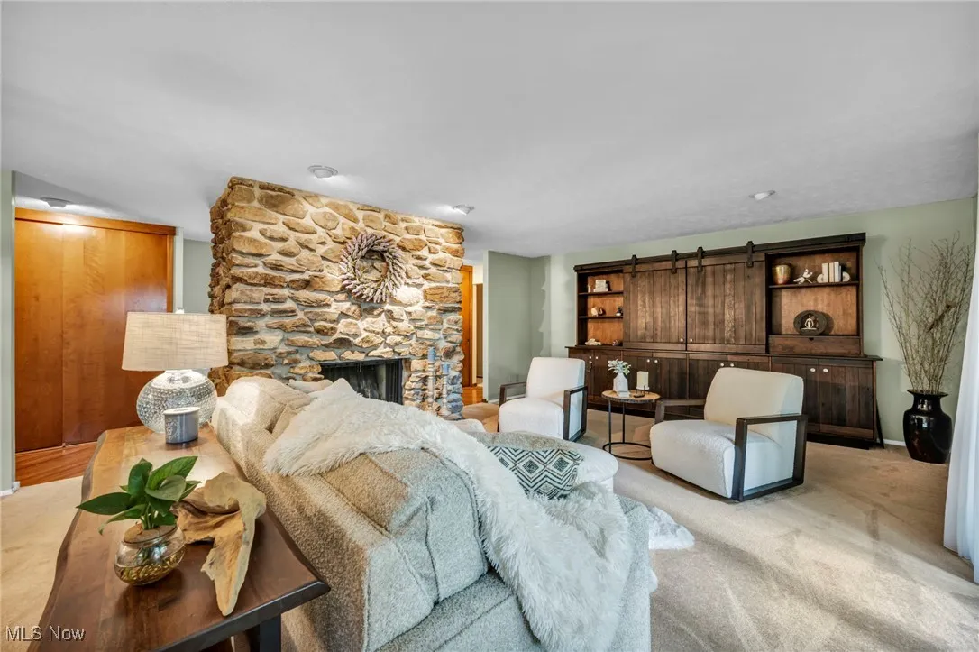 Carpeted living area featuring a fireplace