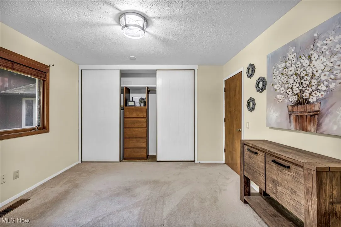 Carpeted bedroom featuring a closet and a textured ceiling
