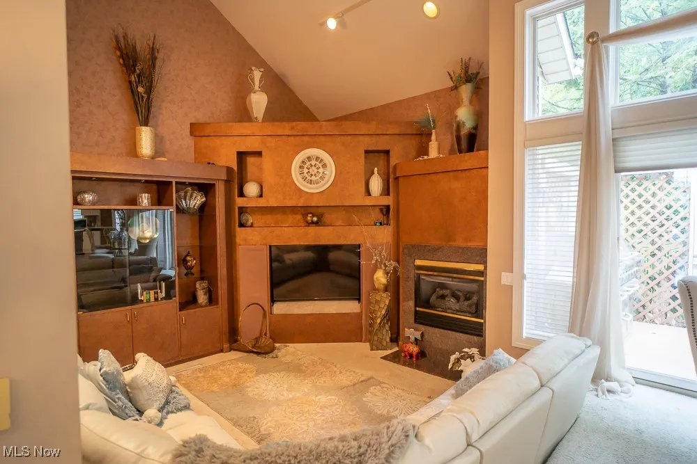 Living area featuring a tile fireplace, carpet, built in shelves, and high vaulted ceiling