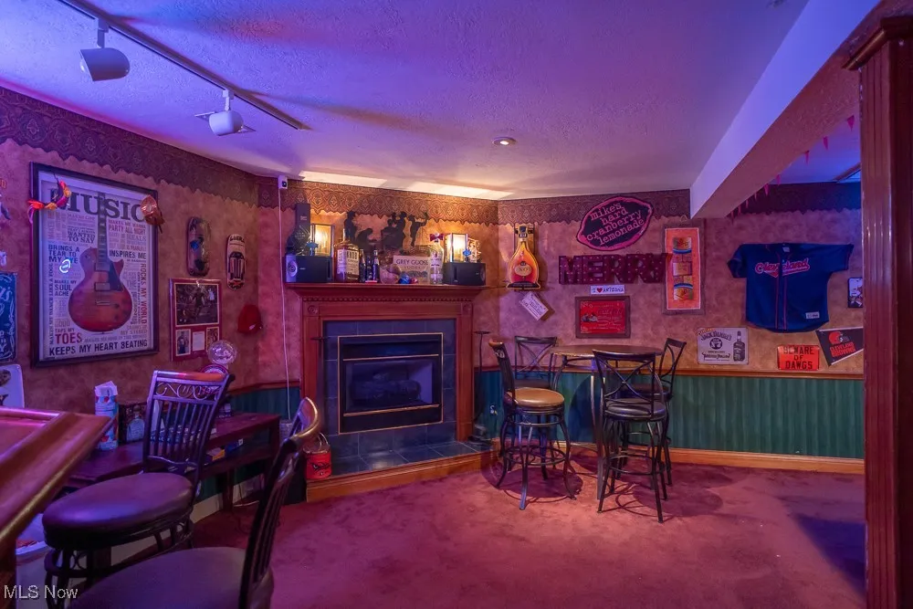 Indoor dry bar with a textured ceiling, carpet flooring, rail lighting, wallpapered walls, and a wainscoted wall