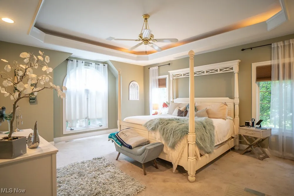 Carpeted bedroom featuring a tray ceiling and ceiling fan