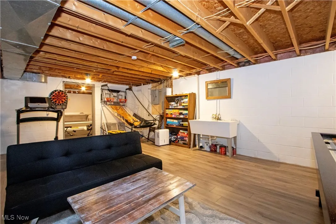 Unfinished below grade area featuring wood finished floors and a sink