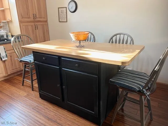 Bar area featuring dark cabinets, wooden counters, and light wood-type flooring