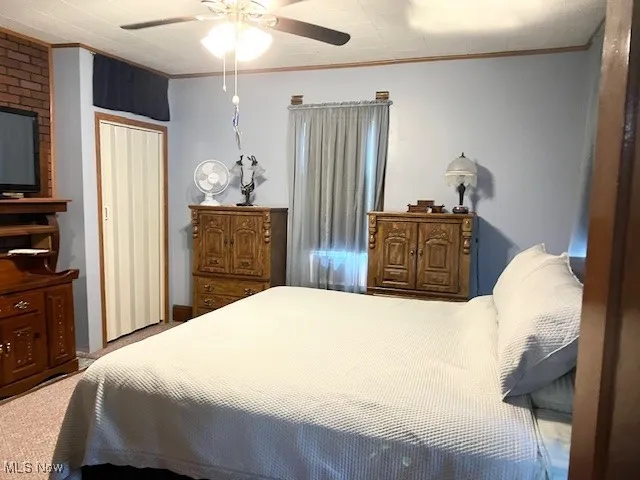 Bedroom with crown molding, a ceiling fan, and carpet floors