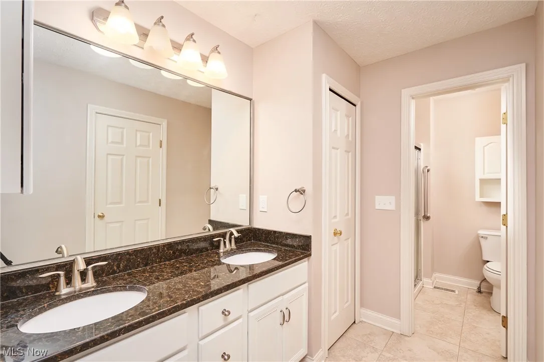 en-suite bathrrom for primary bedroom includes a double vanity, linen closet, and shower