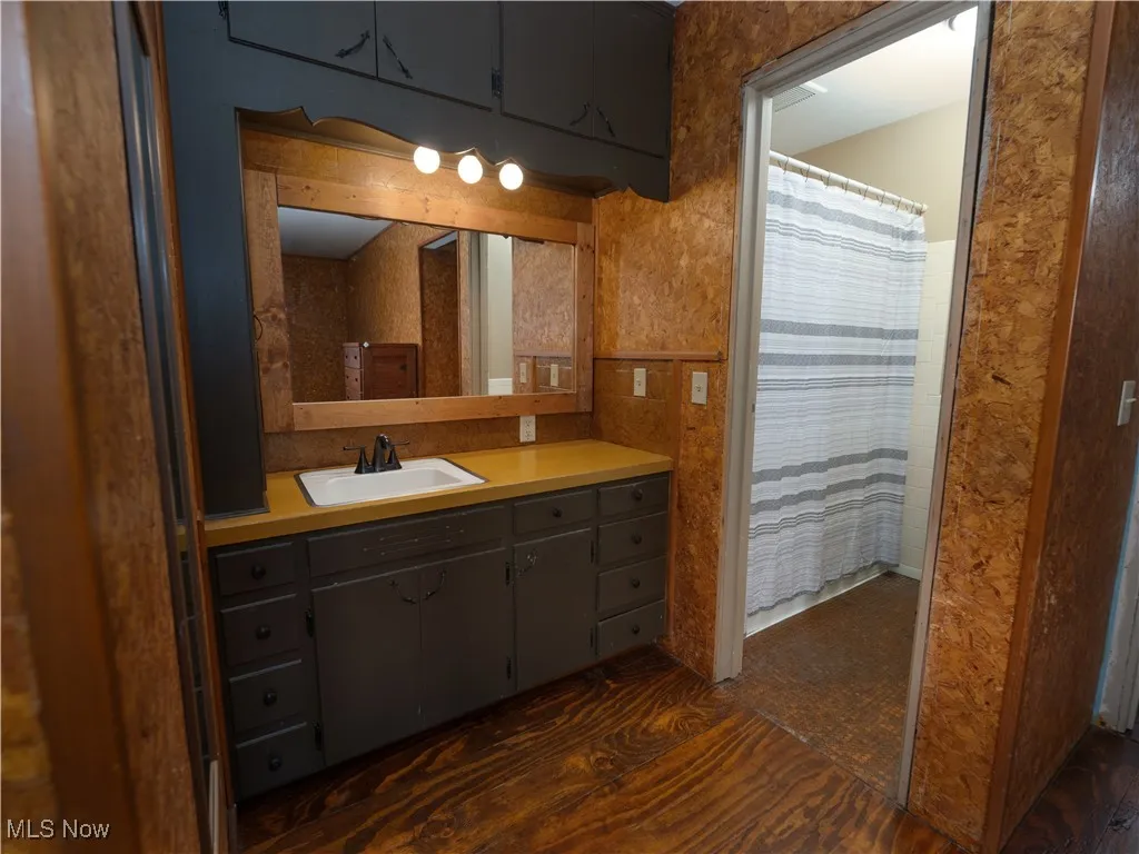 Full bathroom with vanity, a shower with curtain, and dark wood-style floors