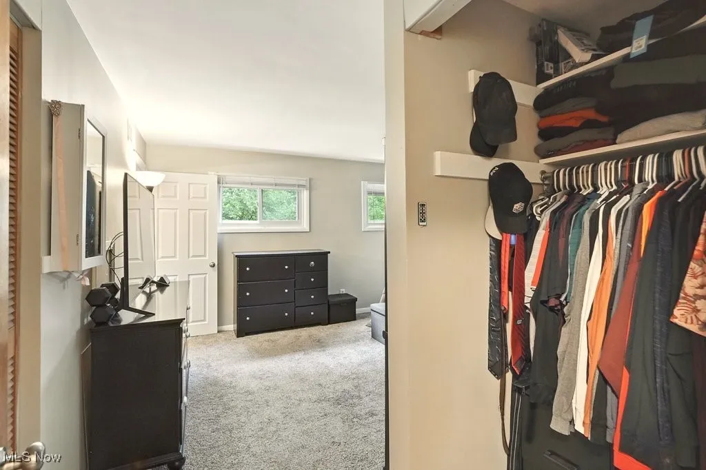 Spacious master closet with carpet flooring