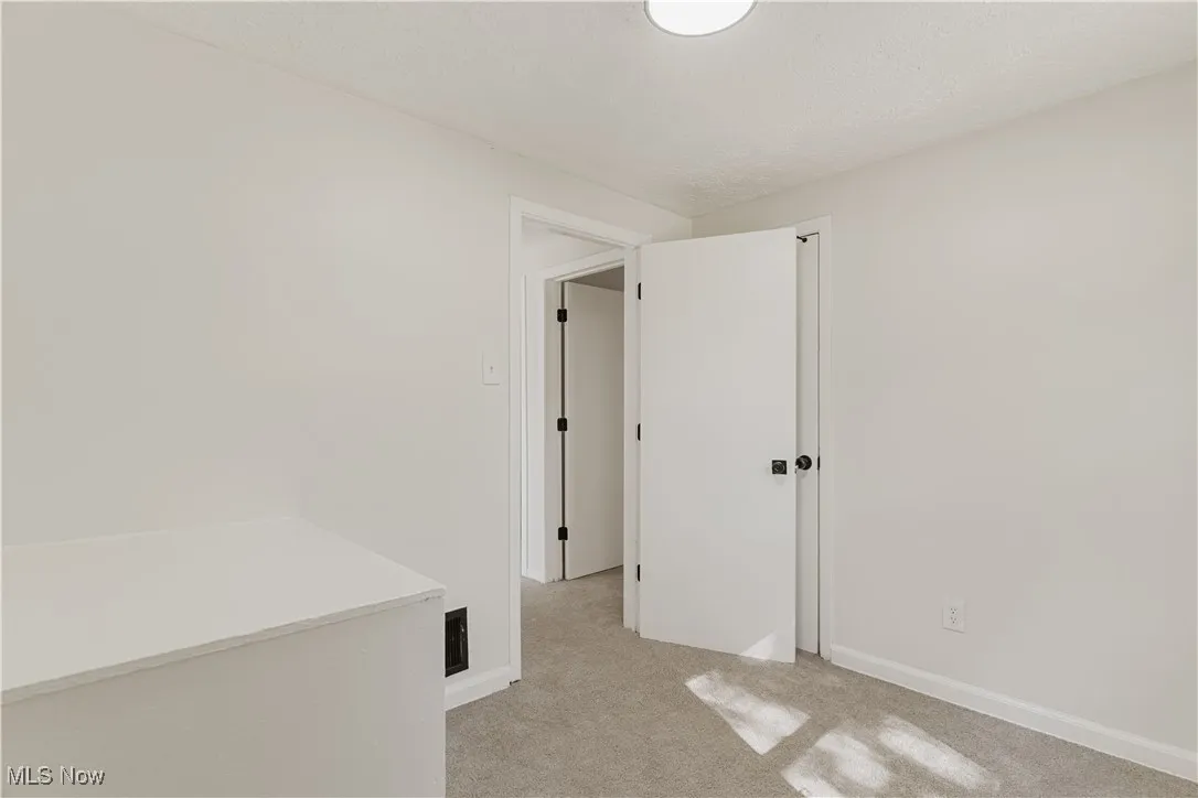 Unfurnished room featuring light carpet and a textured ceiling