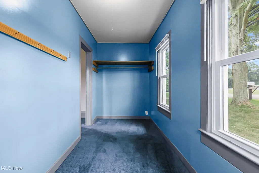 Walk in closet featuring dark carpet