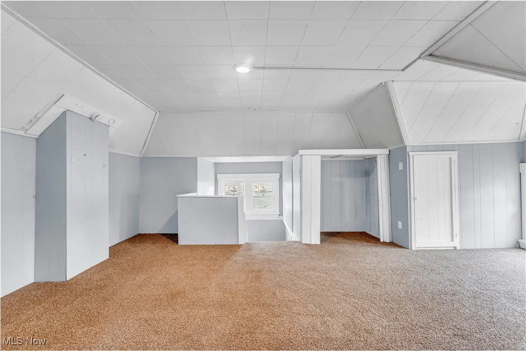 Additional living space with wood walls, carpet floors, and vaulted ceiling