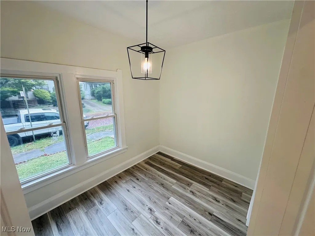 Unfurnished dining area with baseboards and wood finished floors