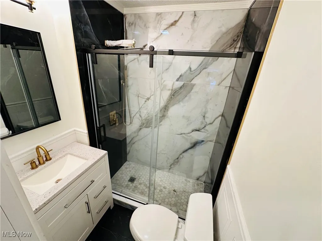 Full bathroom with vanity, a marble finish shower, and crown molding