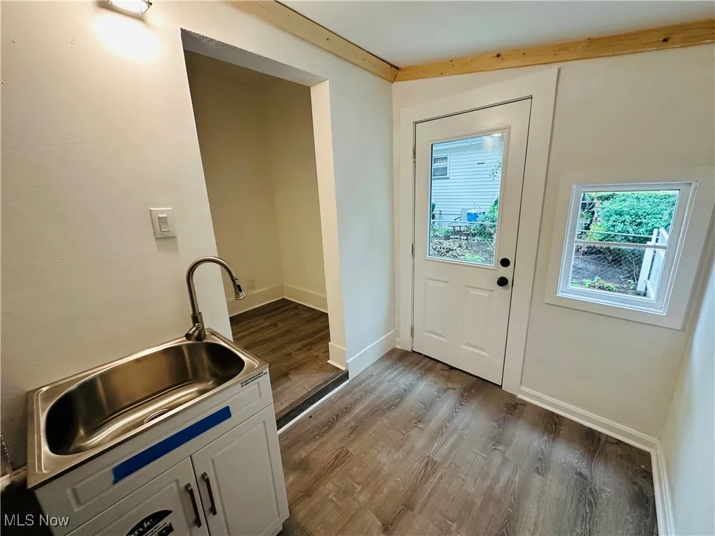 Doorway featuring a sink and wood finished floors