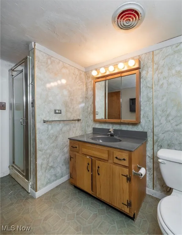 Basement Bathroom featuring vanity, mirror and a stall shower