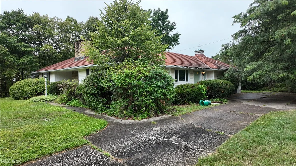 Obstructed view of property featuring a chimney, a front yard, and a tiled roof