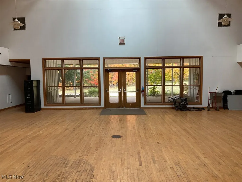 Doorway featuring hardwood / wood-style floors, french doors, a towering ceiling, and plenty of natural light