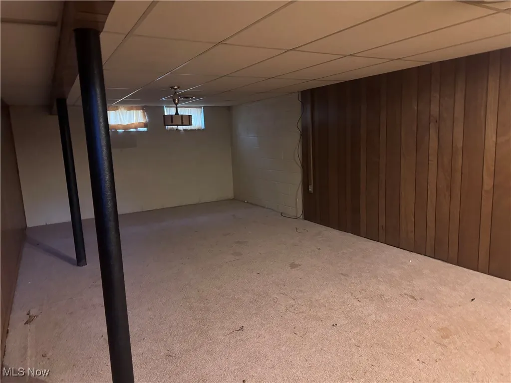 Basement featuring a paneled ceiling and wood walls