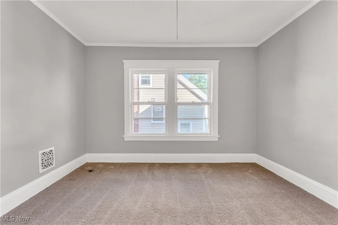 Unfurnished room featuring light carpet and crown molding