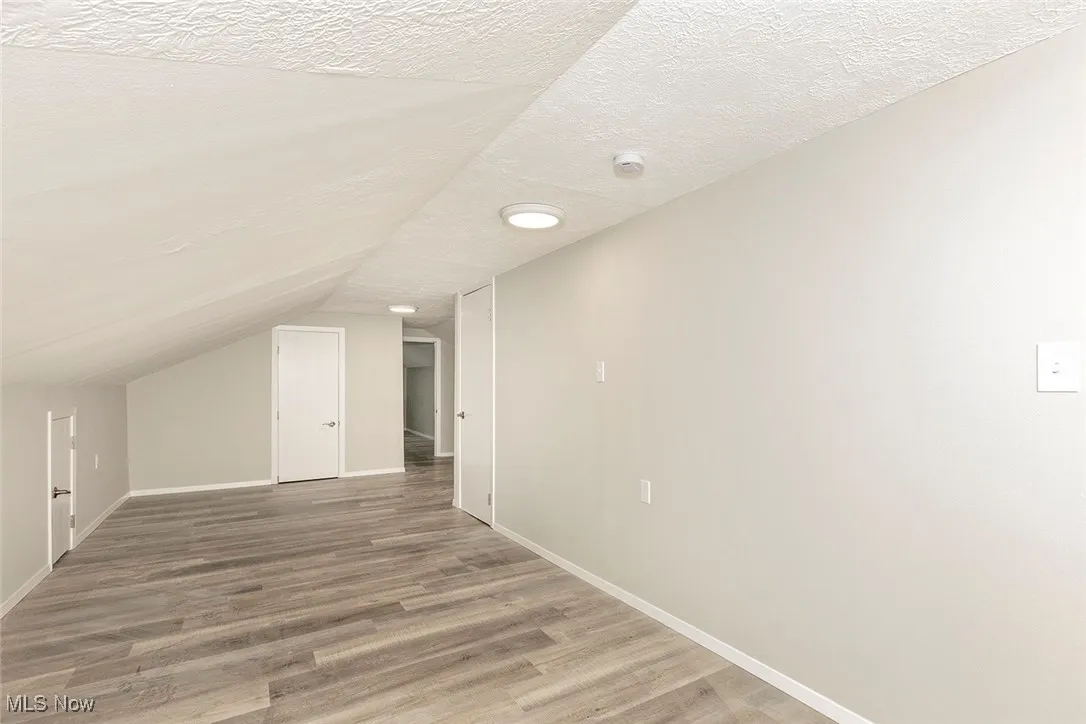 Bonus room featuring light wood-style flooring, a textured ceiling, and lofted ceiling