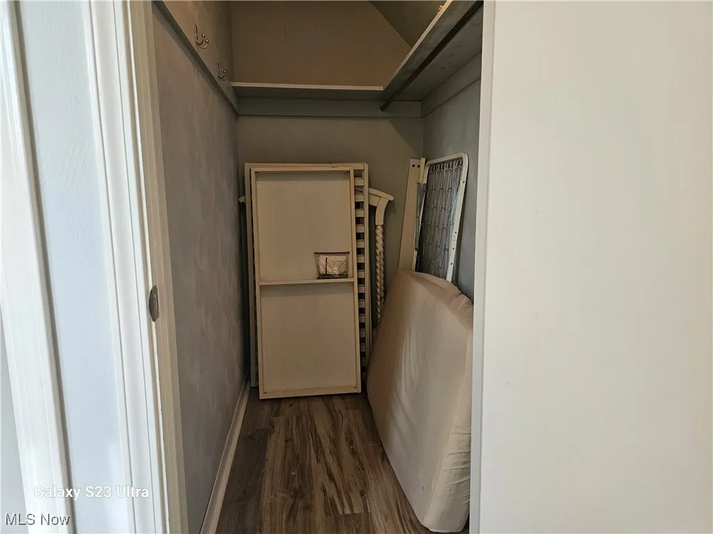 Walk-in closet featuring dark wood finished floors and baseboards