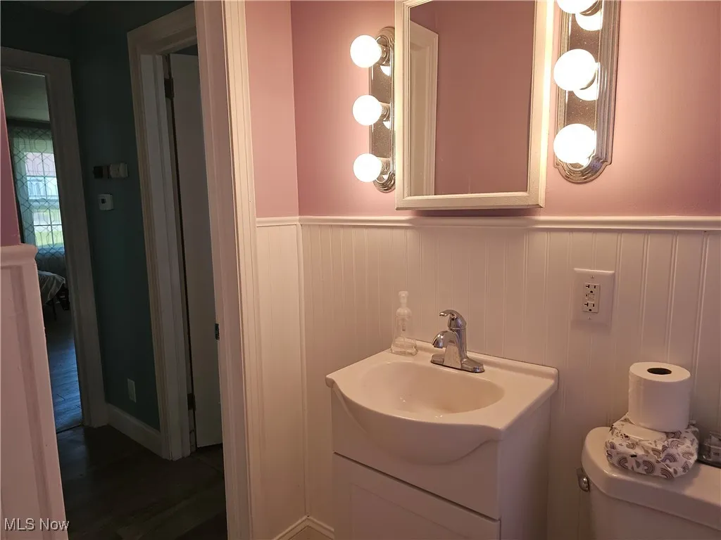 Bathroom featuring vanity, a wainscoted wall, and wood finished floors