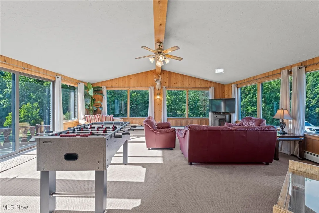 Rec room with wood walls, carpet floors, and a ceiling fan