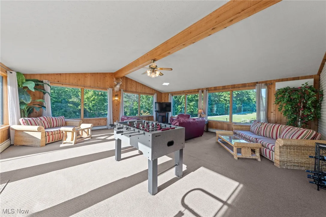 Rec room with wooden walls, carpet, and ceiling fan