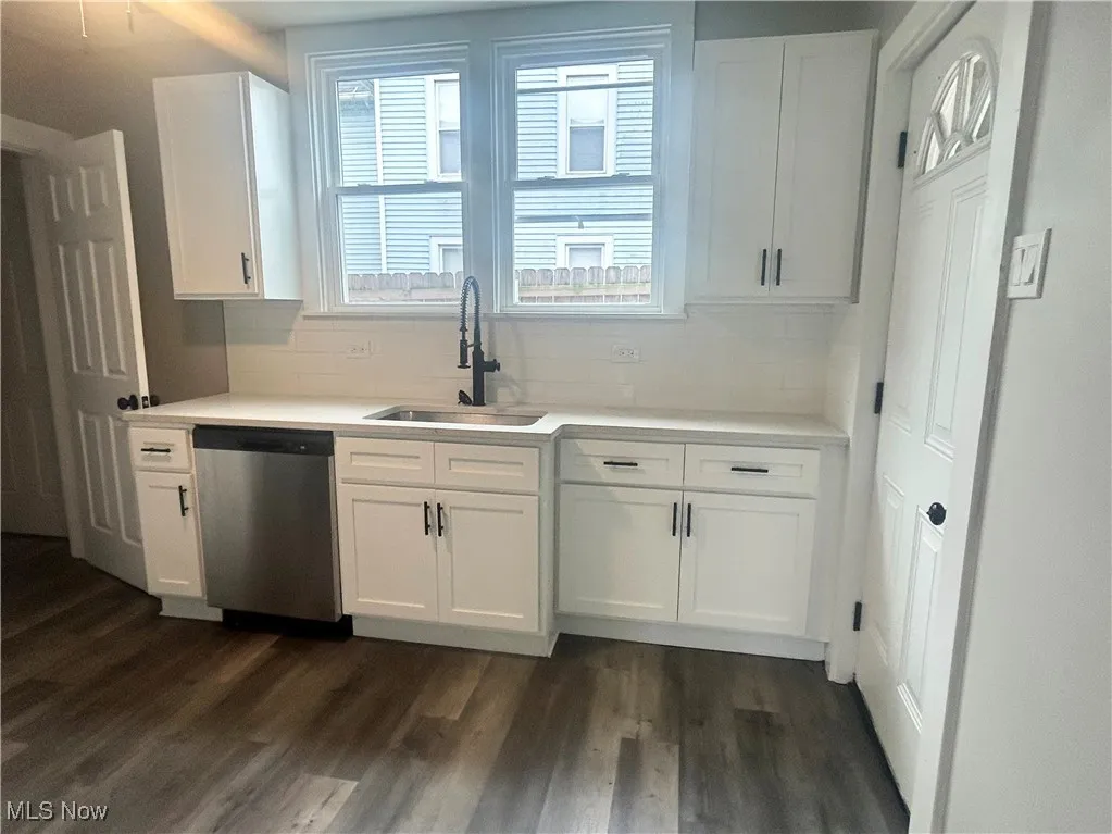 Kitchen with white cabinets, dishwasher, dark wood finished floors, and decorative backsplash
