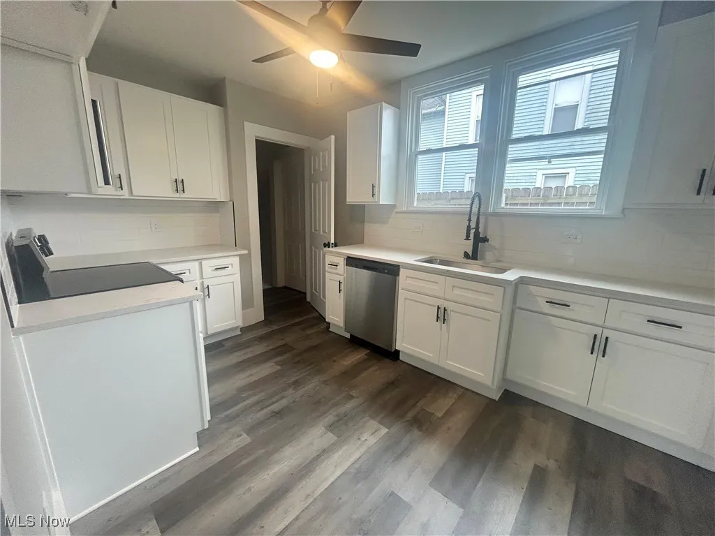 Kitchen with white cabinetry, backsplash, stainless steel dishwasher, black electric range oven, and dark wood-type flooring