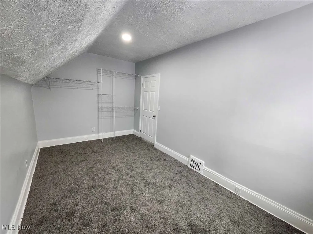 Additional living space featuring carpet floors and a textured ceiling