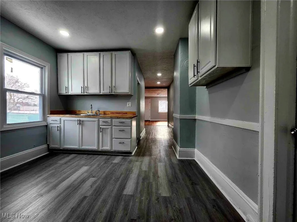 Kitchen with dark wood-style flooring, recessed lighting, and a textured ceiling