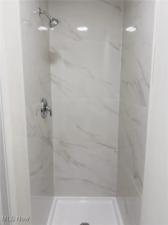 Full bath featuring a marble finish shower
