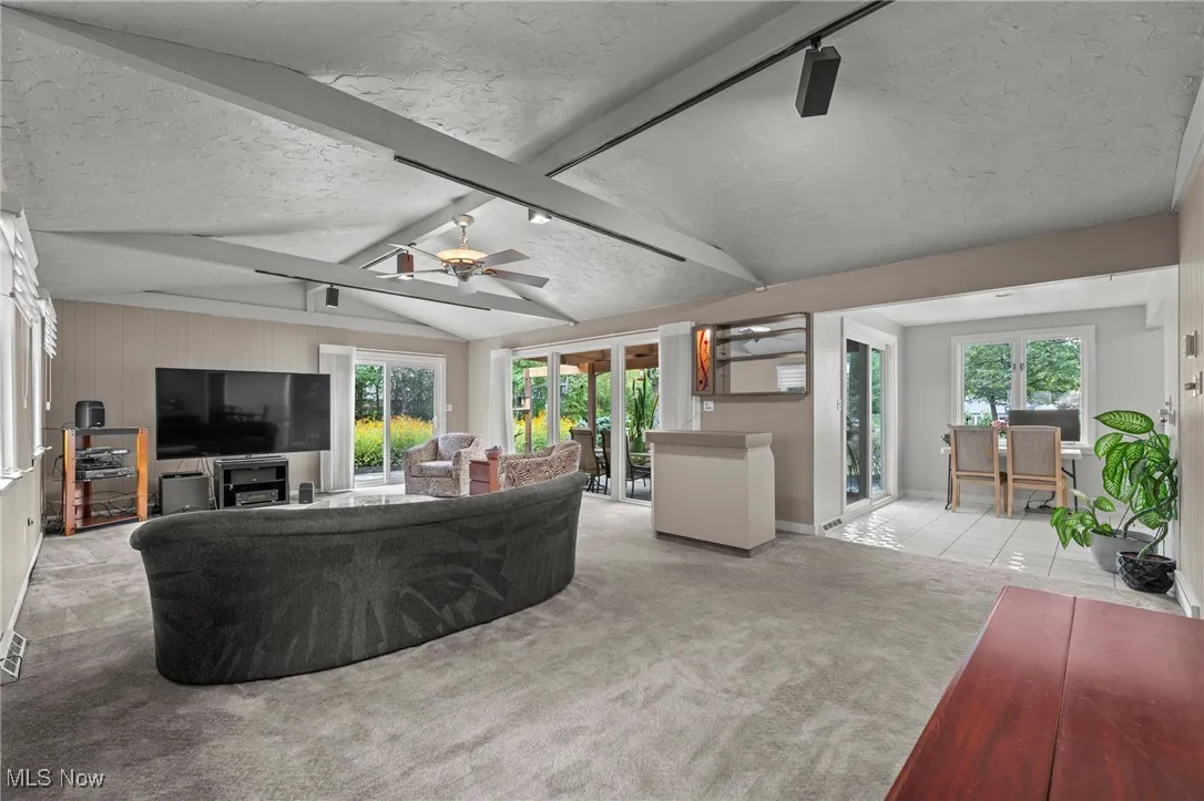 Living area with light colored carpet, a textured ceiling, rail lighting, and a ceiling fan