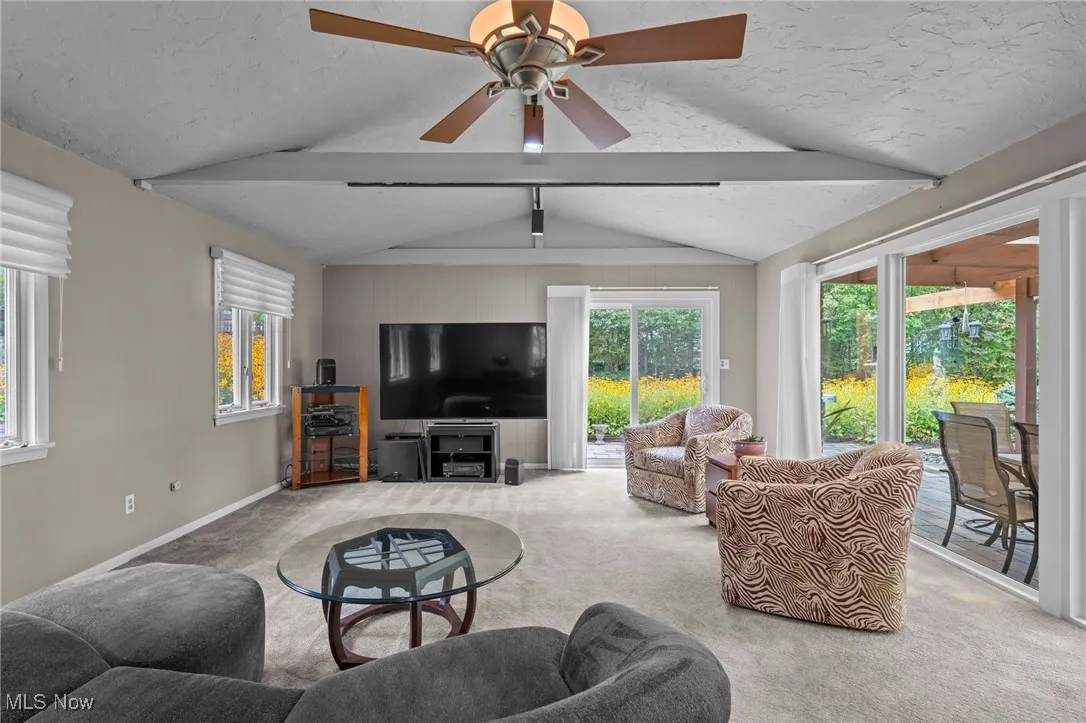 Living room with carpet, healthy amount of natural light, a textured ceiling, and a ceiling fan