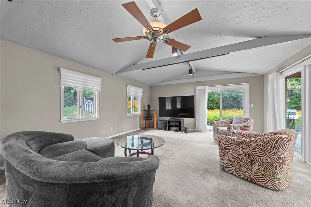 Living room featuring a textured ceiling, carpet floors, and a ceiling fan