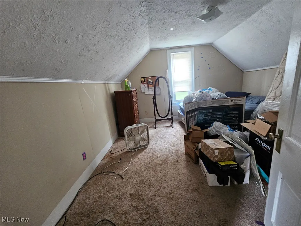 Bonus room featuring carpet flooring, a textured ceiling, and lofted ceiling