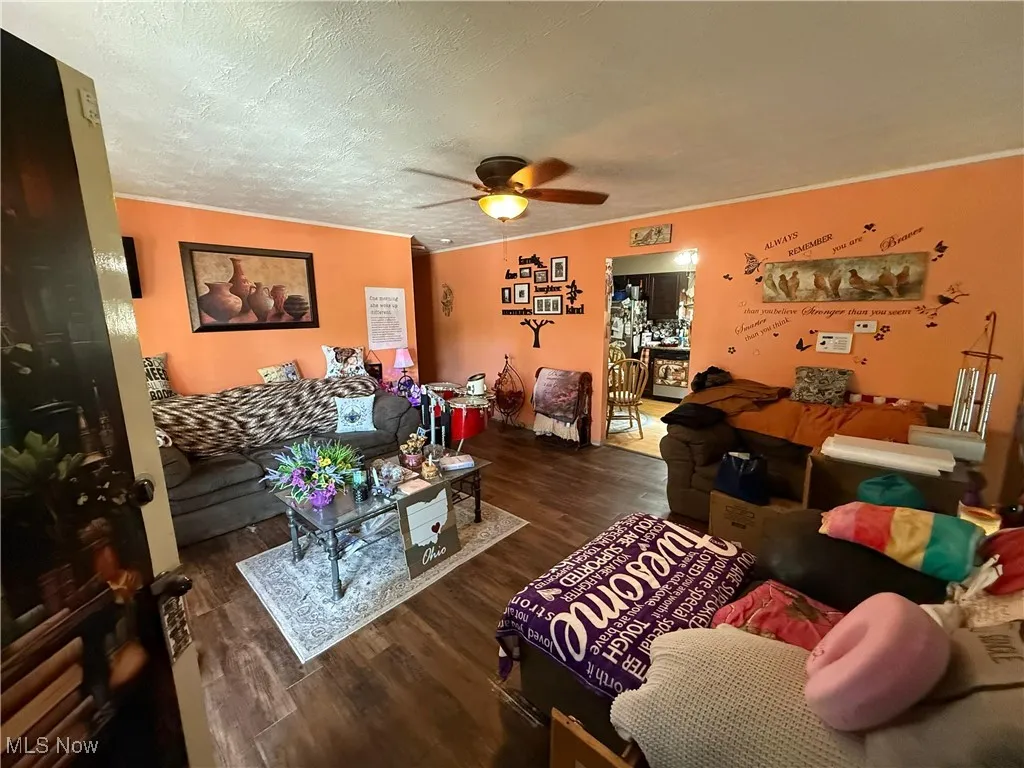 Living room featuring dark wood finished floors, a textured ceiling, and ceiling fan