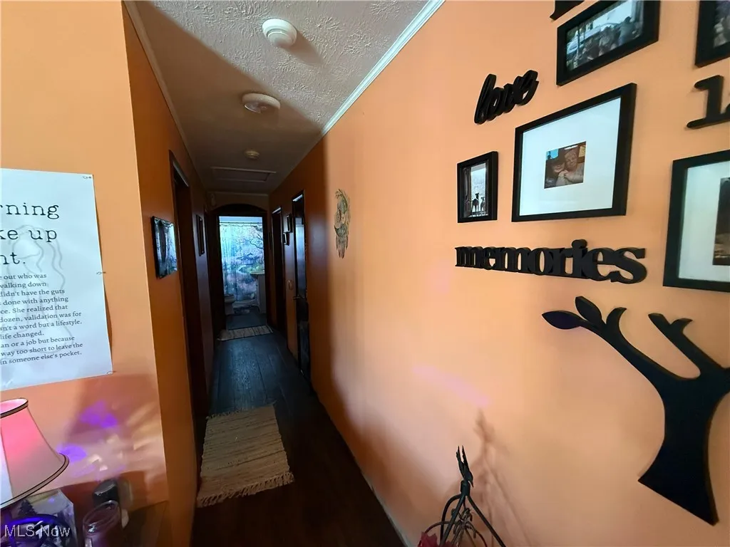 Hall with a textured ceiling, crown molding, and dark wood finished floors