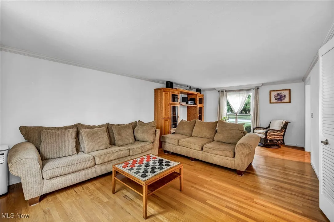 Living area with crown molding and light wood-type flooring