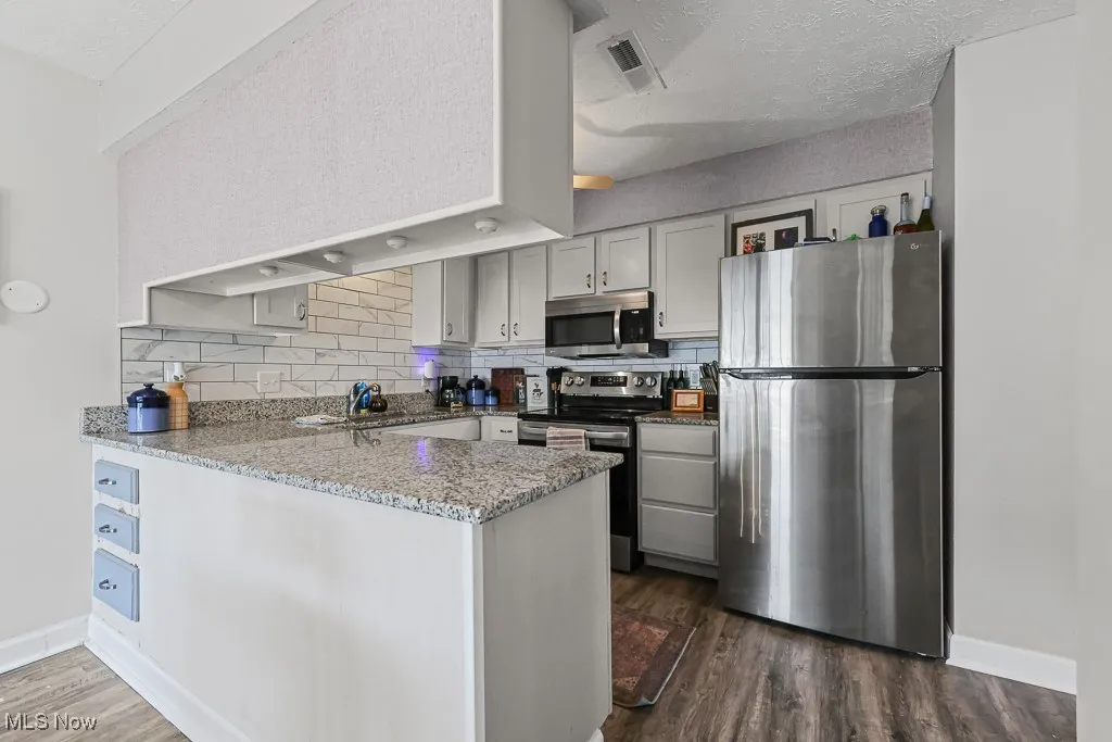 Kitchen featuring stainless steel appliances, light stone counters, decorative backsplash, dark wood-style flooring, and a textured ceiling